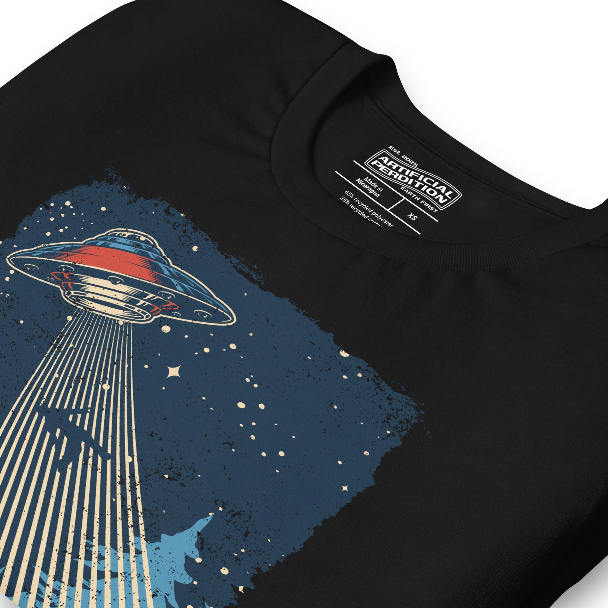 Retro poster style UFO beaming down into a midnight forest with I WANT TO LEAVE text, red and blue palette, Artificial Perdition apparel