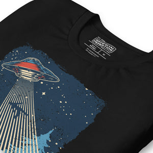 Retro poster style UFO beaming down into a midnight forest with I WANT TO LEAVE text, red and blue palette, Artificial Perdition apparel
