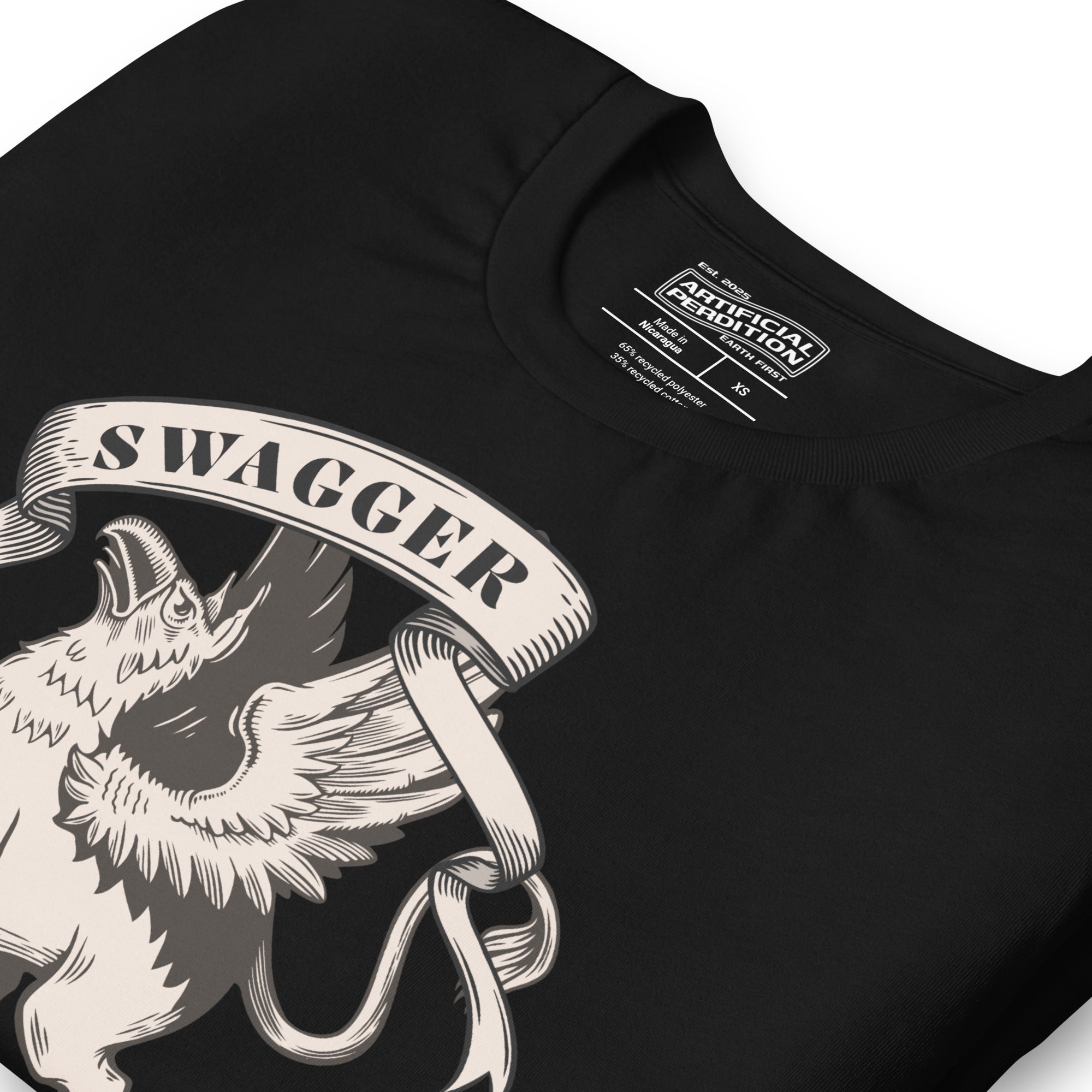 Rampant griffin in heraldic engraving style with Swagger banner ribbon, cream and black illustration, Artificial Perdition apparel