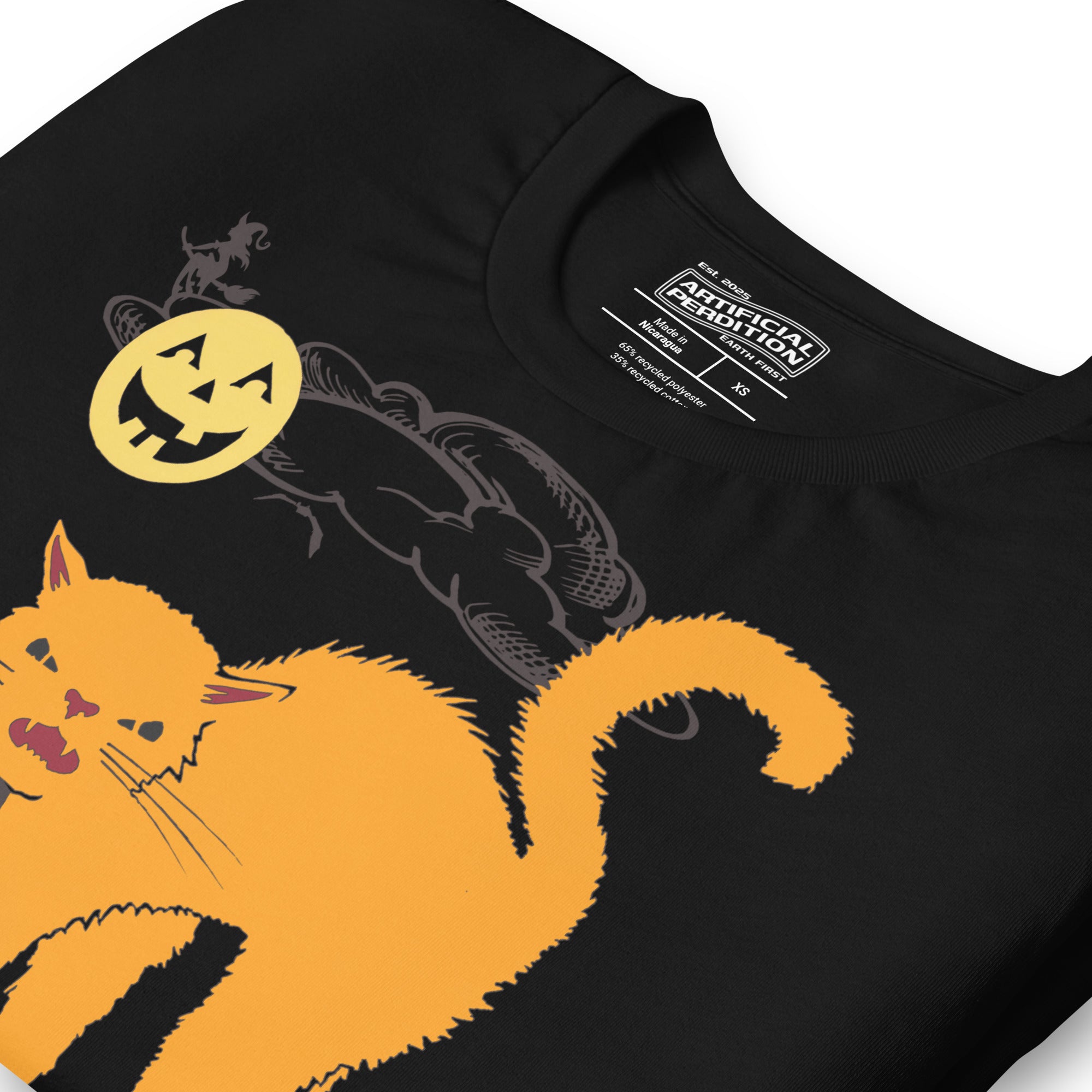 Orange arched Halloween cat hissing in graveyard scene with jack-o-lantern moon and bats, vintage poster style, Hissy Halloween, Artificial Perdition apparel