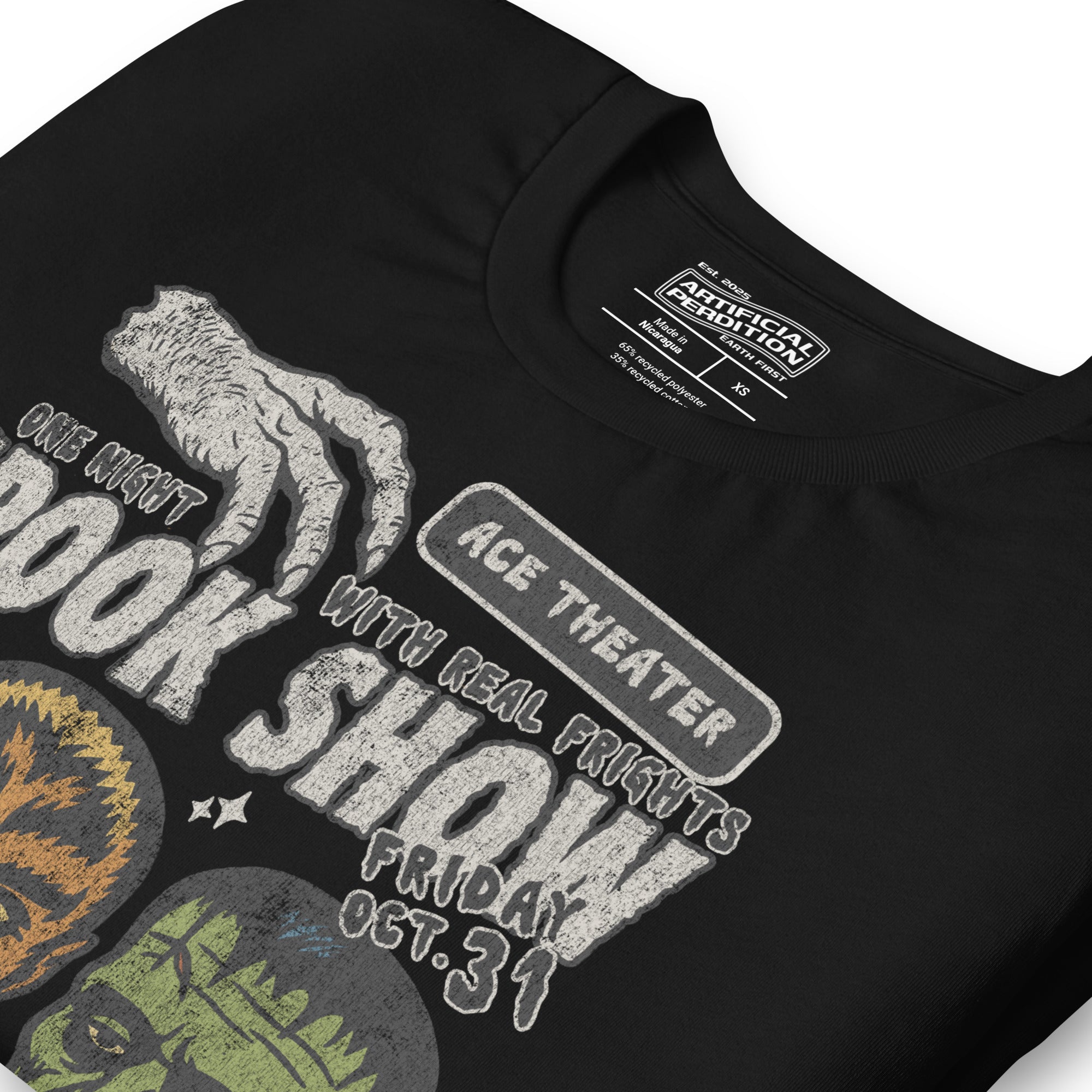 Vintage spook show poster front print with three classic monster faces, Ace Theater and Monster Mania text, distressed style on black, Artificial Perdition apparel