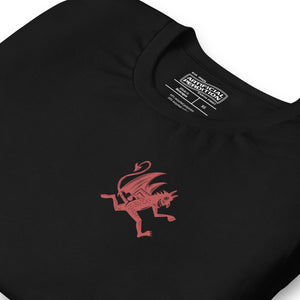Artificial Perdition devil mascot, red illustrated devil mid-stride with trident and brand name, hand-drawn style on black, official logo tee