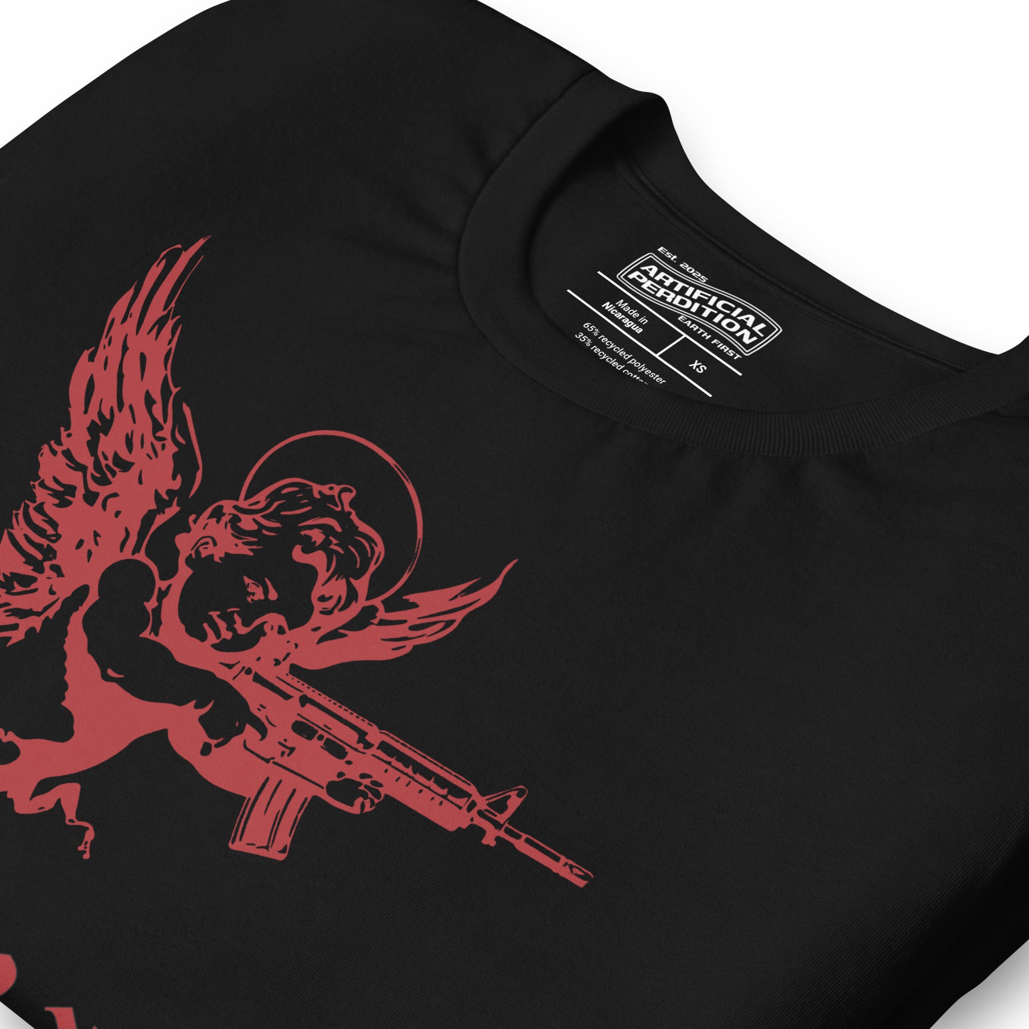 The cherub traded the bow for something heavier. True Love was never gentle. Dark irony apparel from Artificial Perdition.