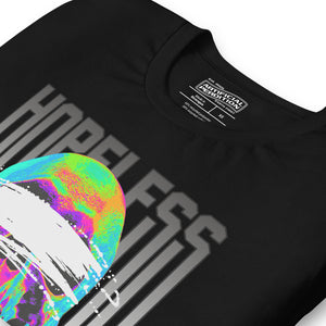 A blindfolded skull in thermal color, bold chrome lettering. Hopeless is a choice, not a diagnosis. Dark apparel from Artificial Perdition.