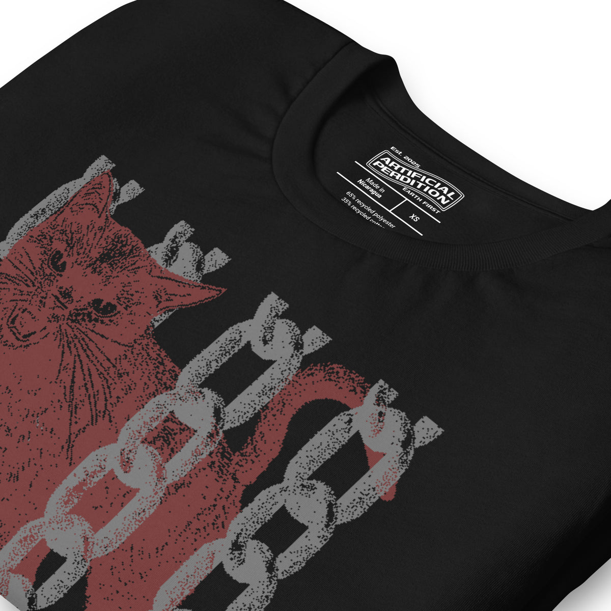 Product mockupSnarling cat breaking through chains with UNGOVERNABLE text, dithered halftone red on cream, Artificial Perdition apparel