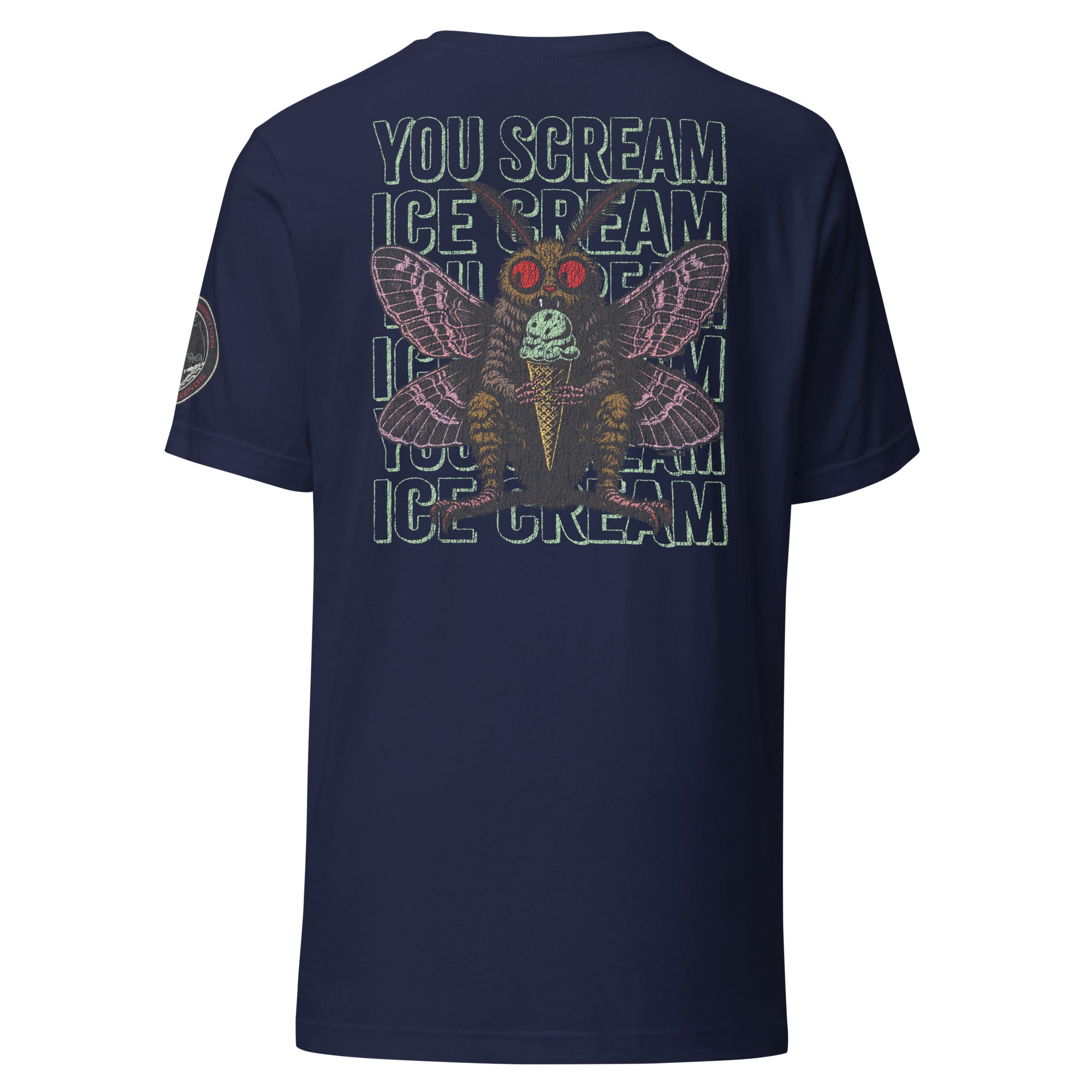 The back of a navy core tee shirt features Mothman eating an ice cream cone with the repeating words "you scream | ice cream."