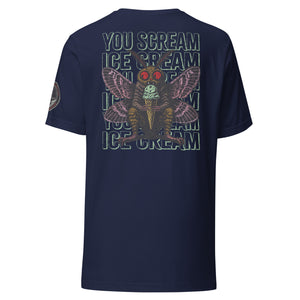 The back of a navy core tee shirt features Mothman eating an ice cream cone with the repeating words "you scream | ice cream."