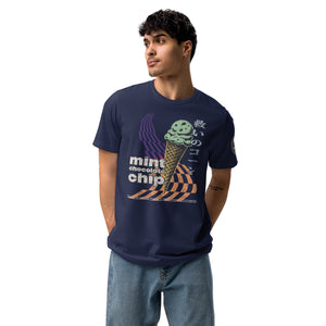 A man wearing a navy core tee featuring the word "mint chocolate chip," an ice cream cone, and the Japanese kanji “救いのコーン," which translates to "Cone of Salvation."