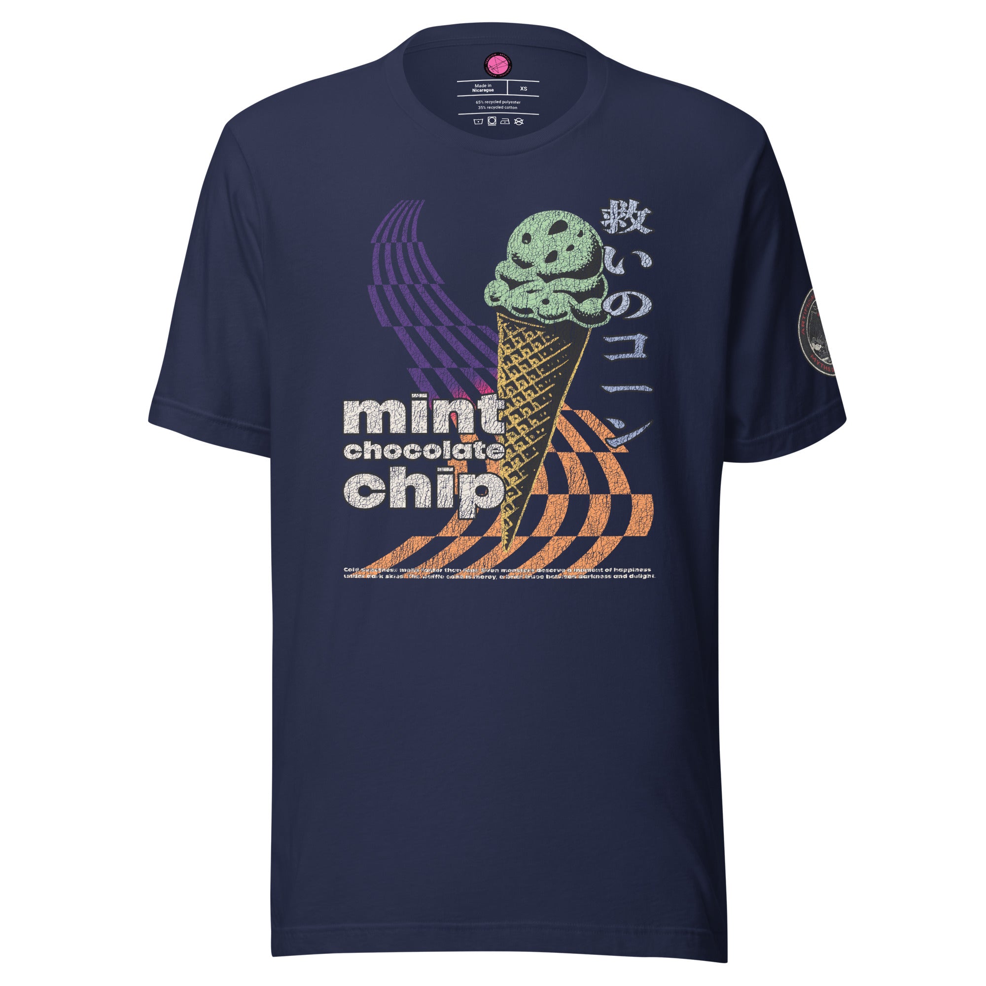 The front of a navy core tee featuring the word "mint chocolate chip," an ice cream cone, and the Japanese kanji “救いのコーン," which translates to "Cone of Salvation."