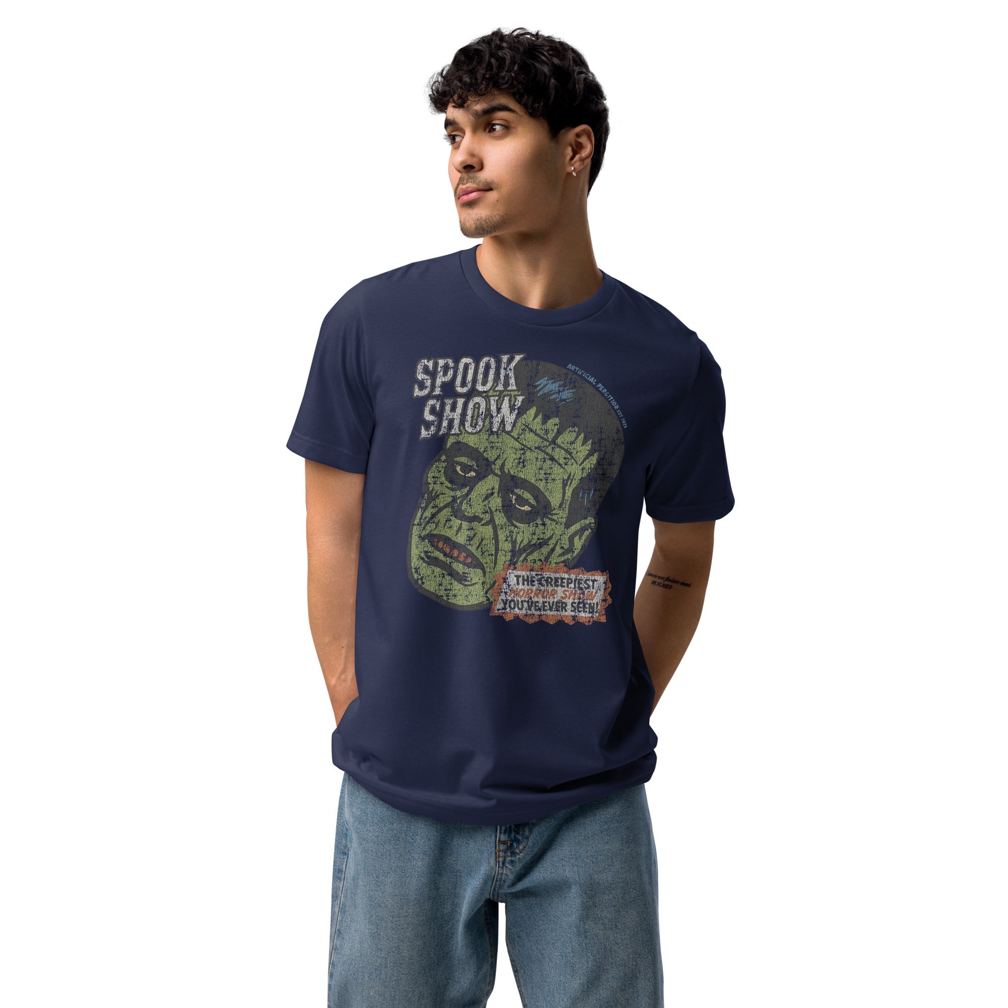Man wearing a distressed Frankenstein head with “Spook Show” on French Navy tee.