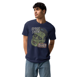 Man wearing a distressed Frankenstein head with “Spook Show” on French Navy tee.