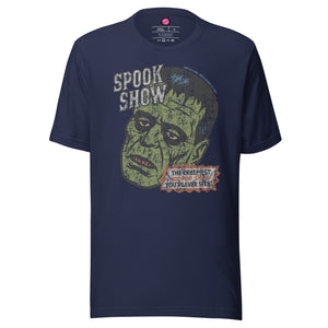 Distressed Frankenstein head with “Spook Show” on French Navy tee.