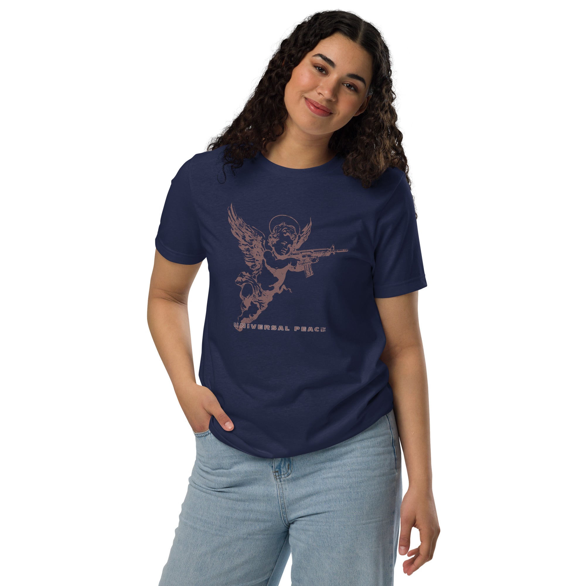 A woman standing wearing a shirt with a cherub holding rifle under “Universal Peace" on a premium eco recycled fabrics navy t-shirt.
