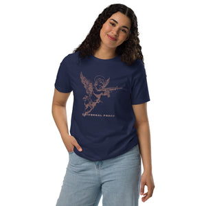 A woman standing wearing a shirt with a cherub holding rifle under “Universal Peace" on a premium eco recycled fabrics navy t-shirt.