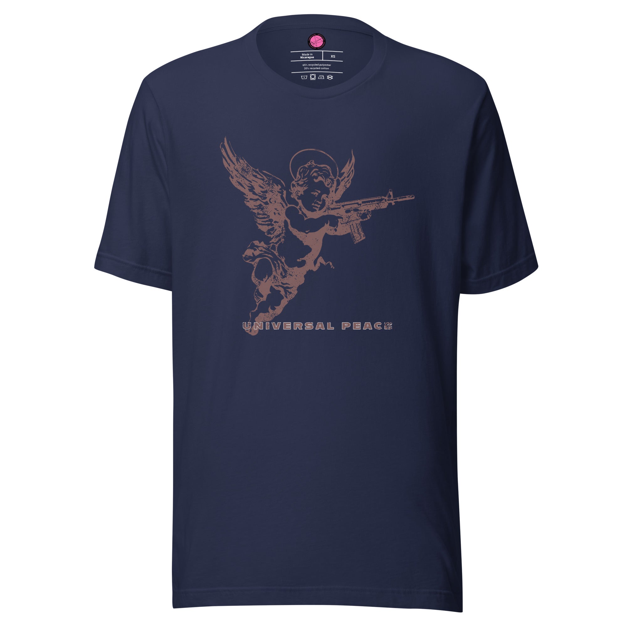 Cherub holding rifle under “Universal Peace" on a premium eco recycled fabrics navy t-shirt.