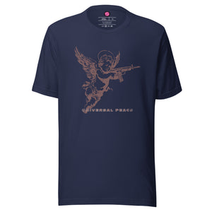 Cherub holding rifle under “Universal Peace" on a premium eco recycled fabrics navy t-shirt.