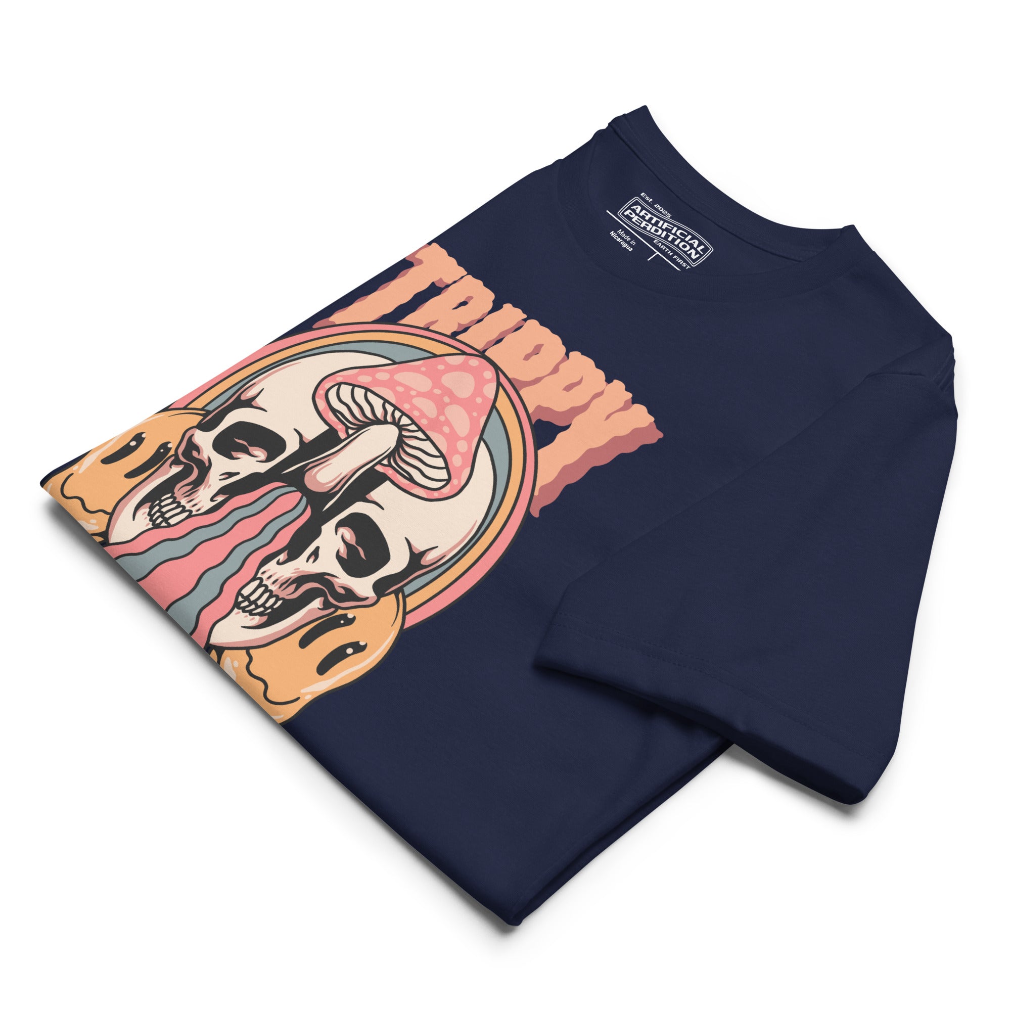 Split skull and mushroom design with melting psychedelic flow and smiley faces. Soft recycled tee with eco-friendly inks. Trippy, liminal, bold.