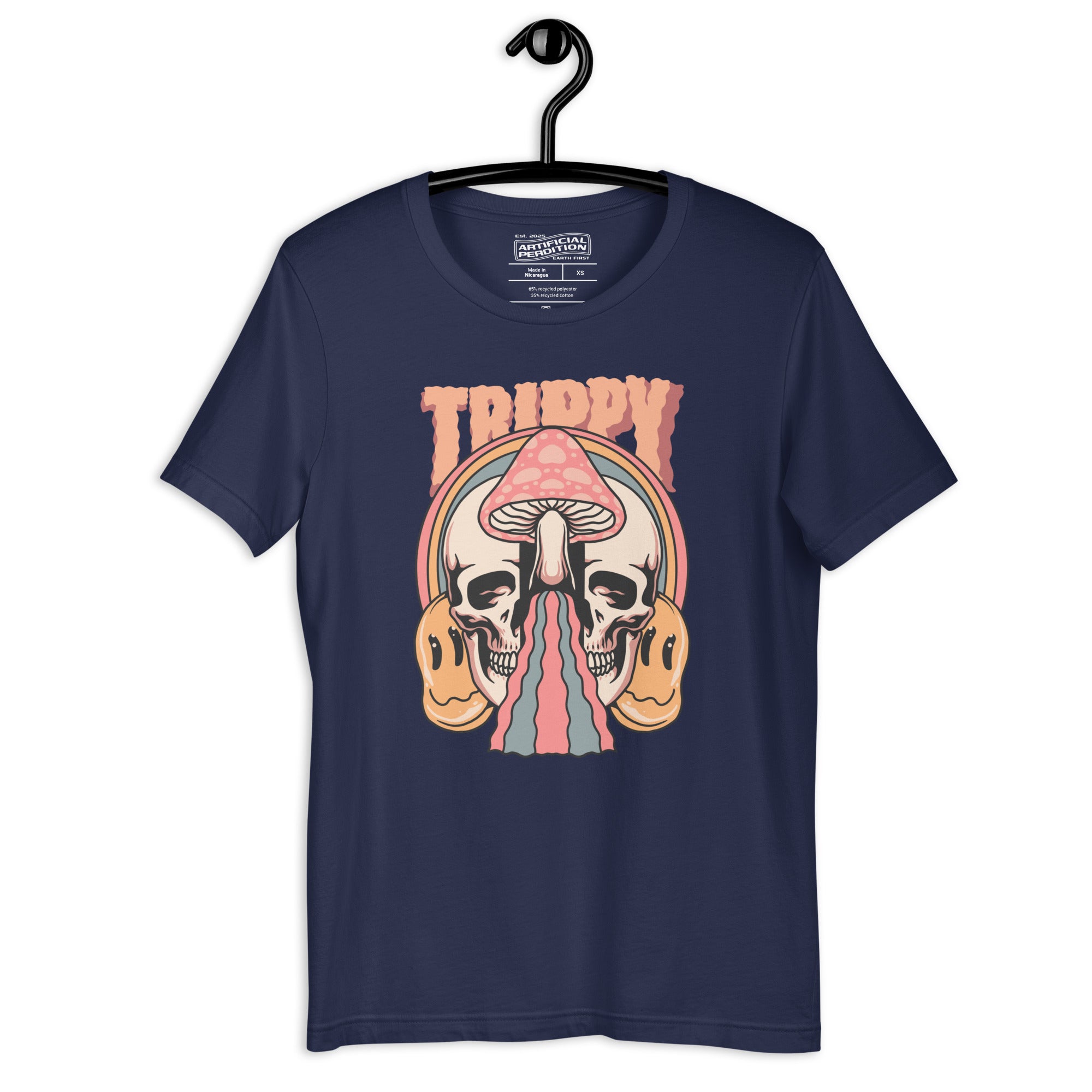 Split skull and mushroom design with melting psychedelic flow and smiley faces. Soft recycled tee with eco-friendly inks. Trippy, liminal, bold.
