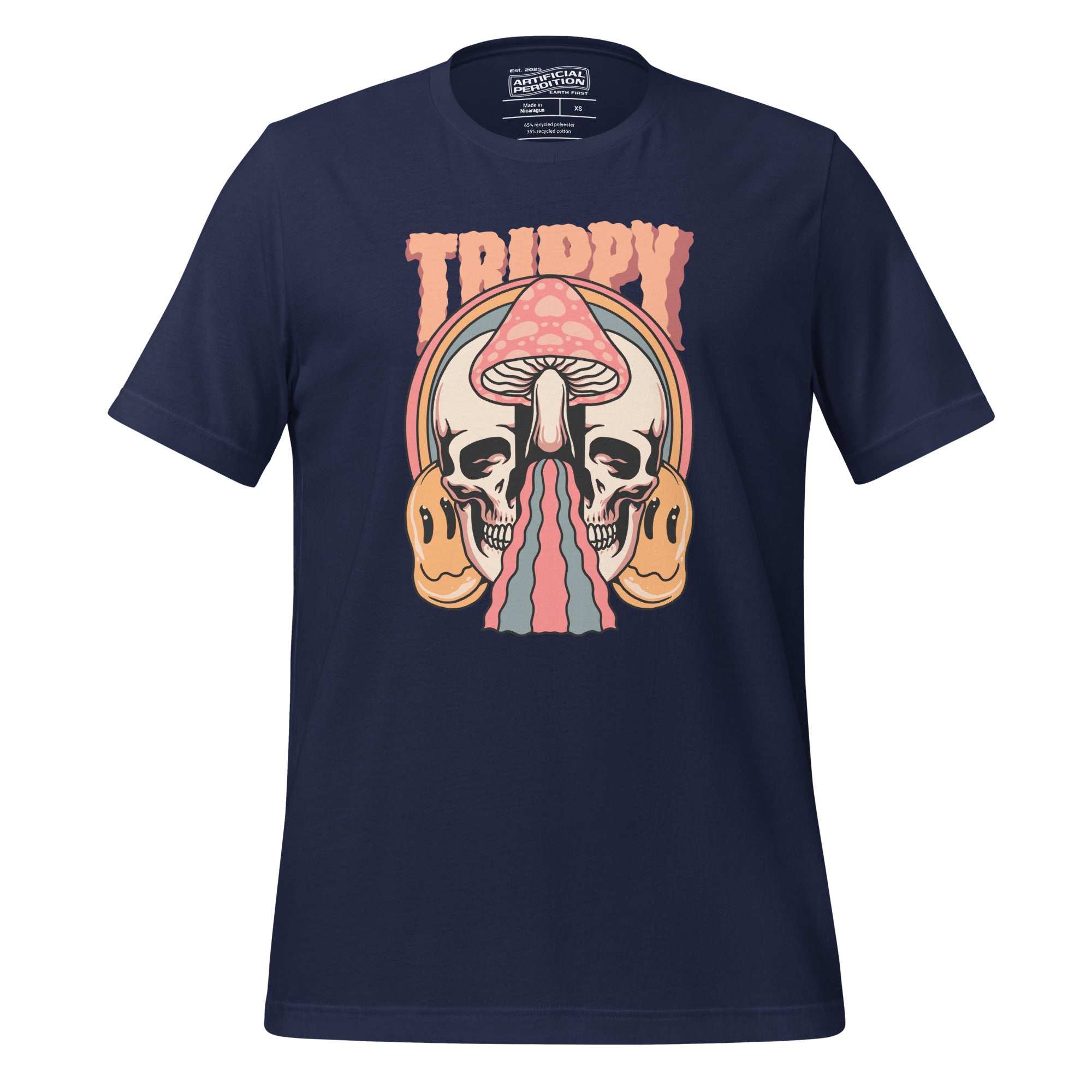 Split skull and mushroom design with melting psychedelic flow and smiley faces. Soft recycled tee with eco-friendly inks. Trippy, liminal, bold.