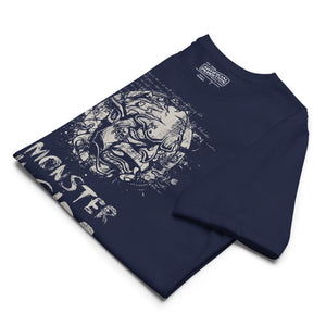 Black recycled t-shirt featuring a horned monster inside a ritual circle with fragmented script and “Monster Inside” text.