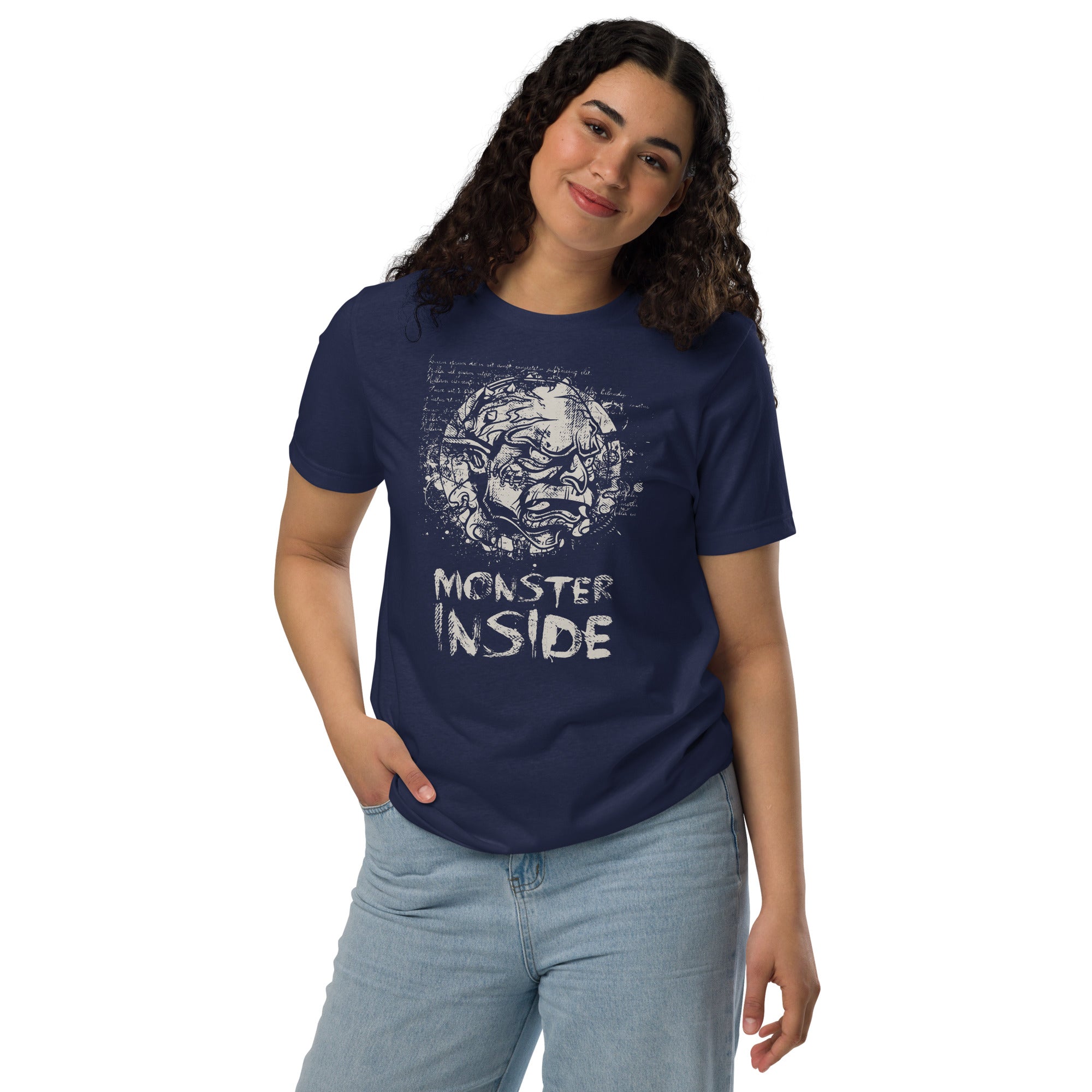 Black recycled t-shirt featuring a horned monster inside a ritual circle with fragmented script and “Monster Inside” text.