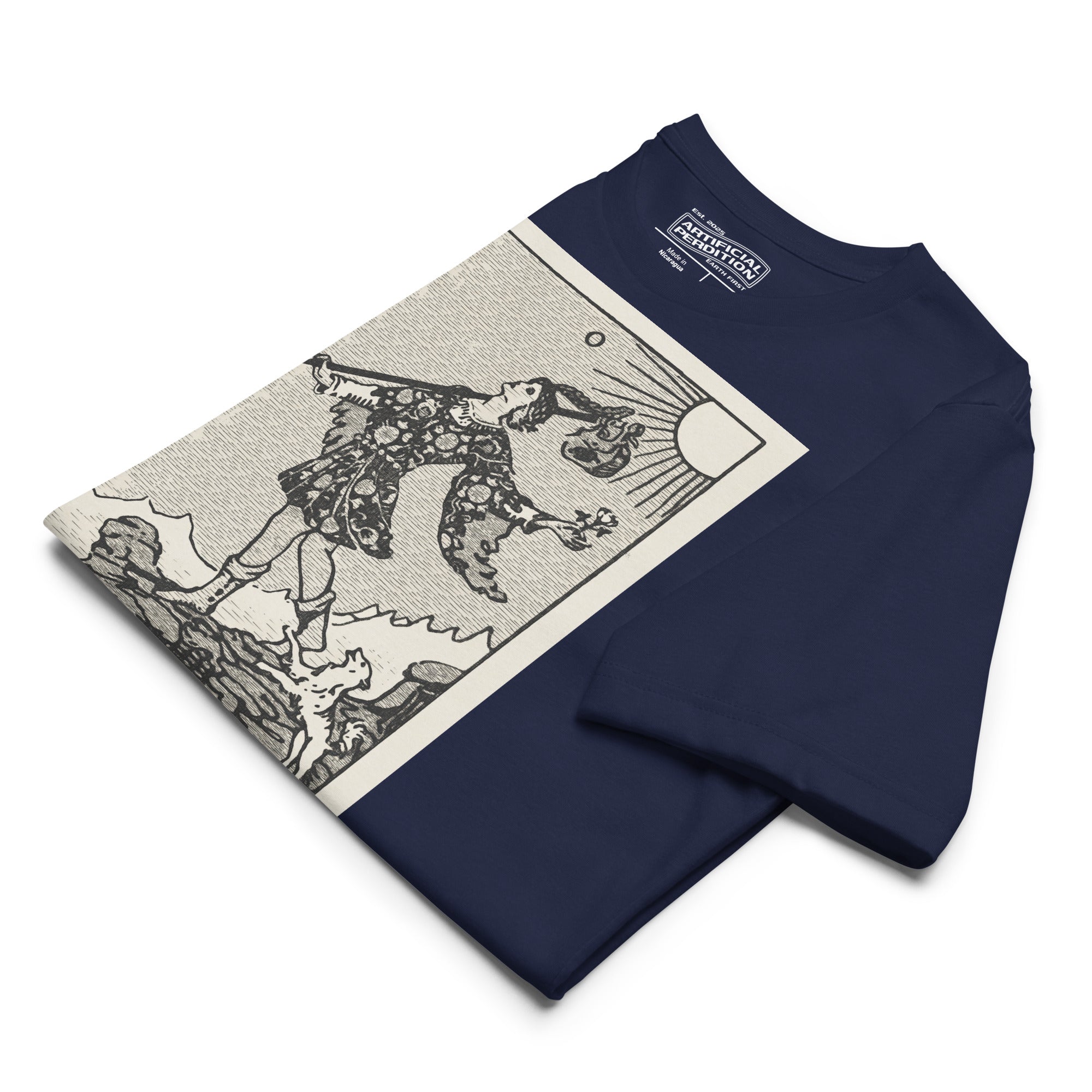 Recycled blend t-shirt featuring The Fool tarot card, showing a traveler at a cliff edge with a dog and rising sun in a modern woodcut style.
