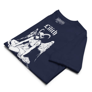 Black recycled t-shirt featuring a horned and winged Lilith illustration in black and white with gothic text below.