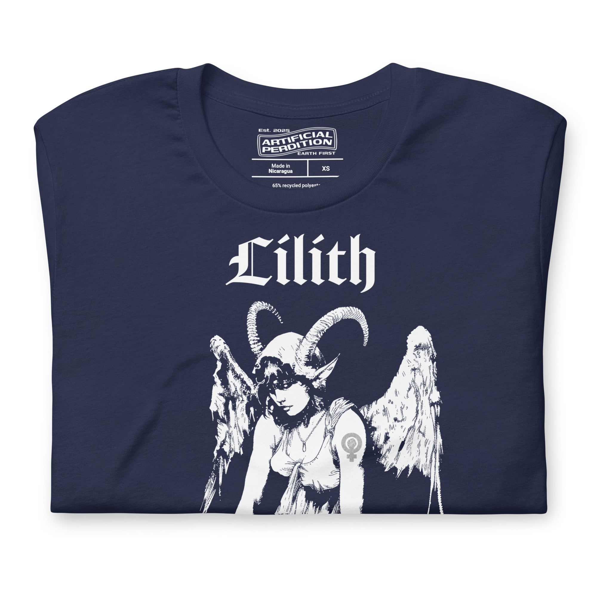 Black recycled t-shirt featuring a horned and winged Lilith illustration in black and white with gothic text below.