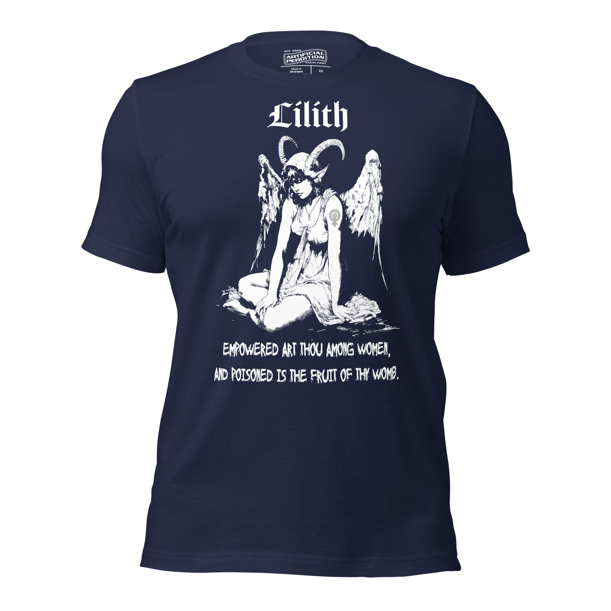 Black recycled t-shirt featuring a horned and winged Lilith illustration in black and white with gothic text below.