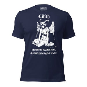 Black recycled t-shirt featuring a horned and winged Lilith illustration in black and white with gothic text below.
