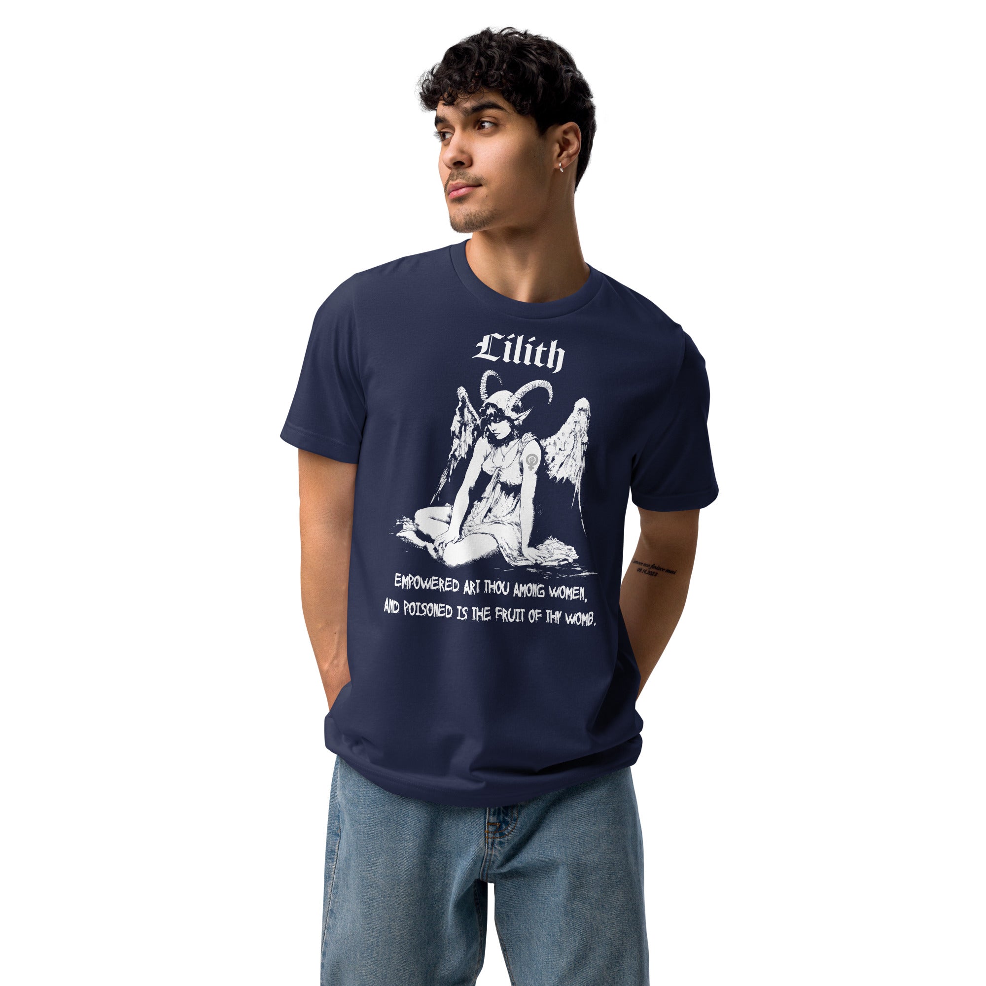 Black recycled t-shirt featuring a horned and winged Lilith illustration in black and white with gothic text below.
