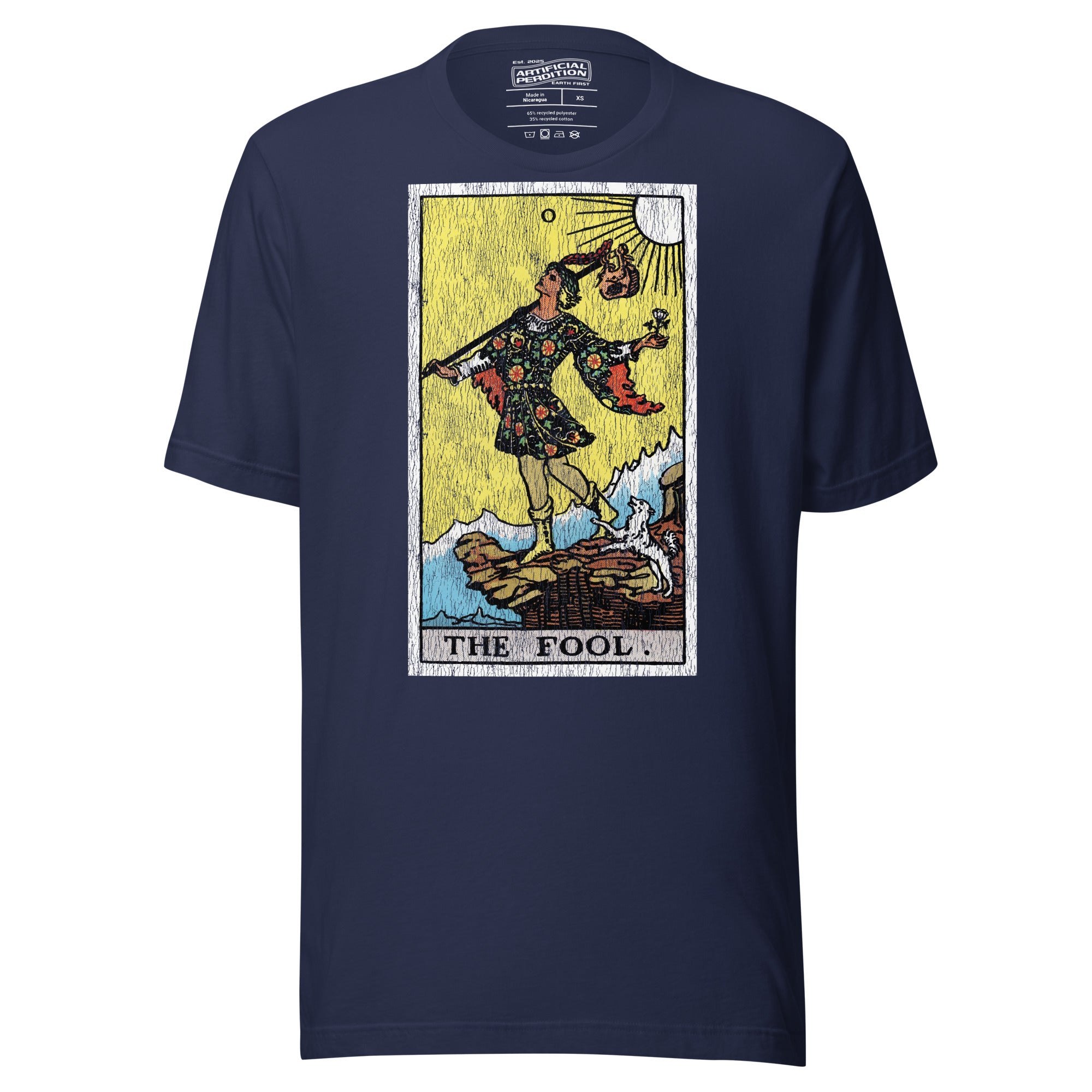 The Fool tarot card, figure at cliff's edge with staff and flower, dog at heel, vintage Rider-Waite engraving style, Artificial Perdition