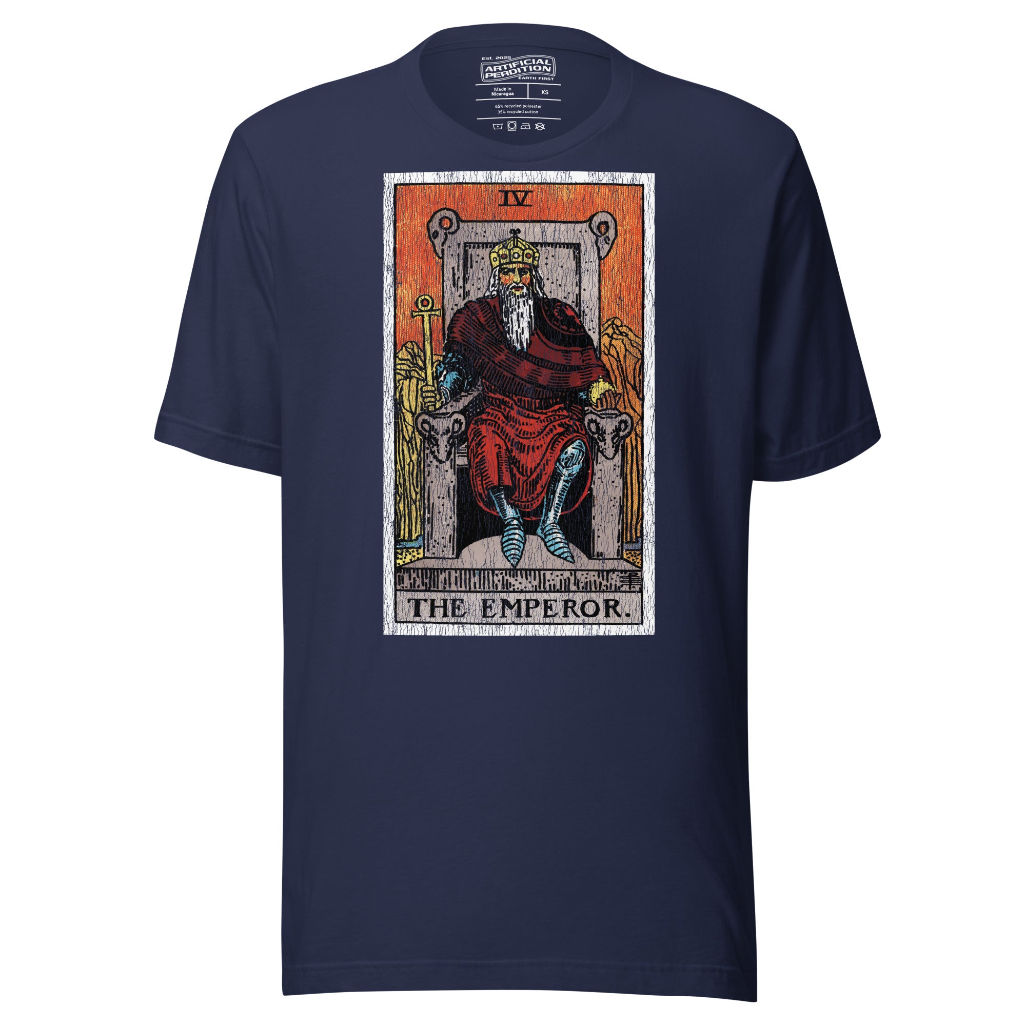 The Emperor tarot card, armored sovereign on ram-flanked throne with ankh sceptre and orb, Rider-Waite style, Artificial Perdition