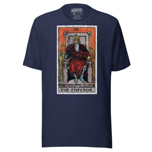 The Emperor tarot card, armored sovereign on ram-flanked throne with ankh sceptre and orb, Rider-Waite style, Artificial Perdition