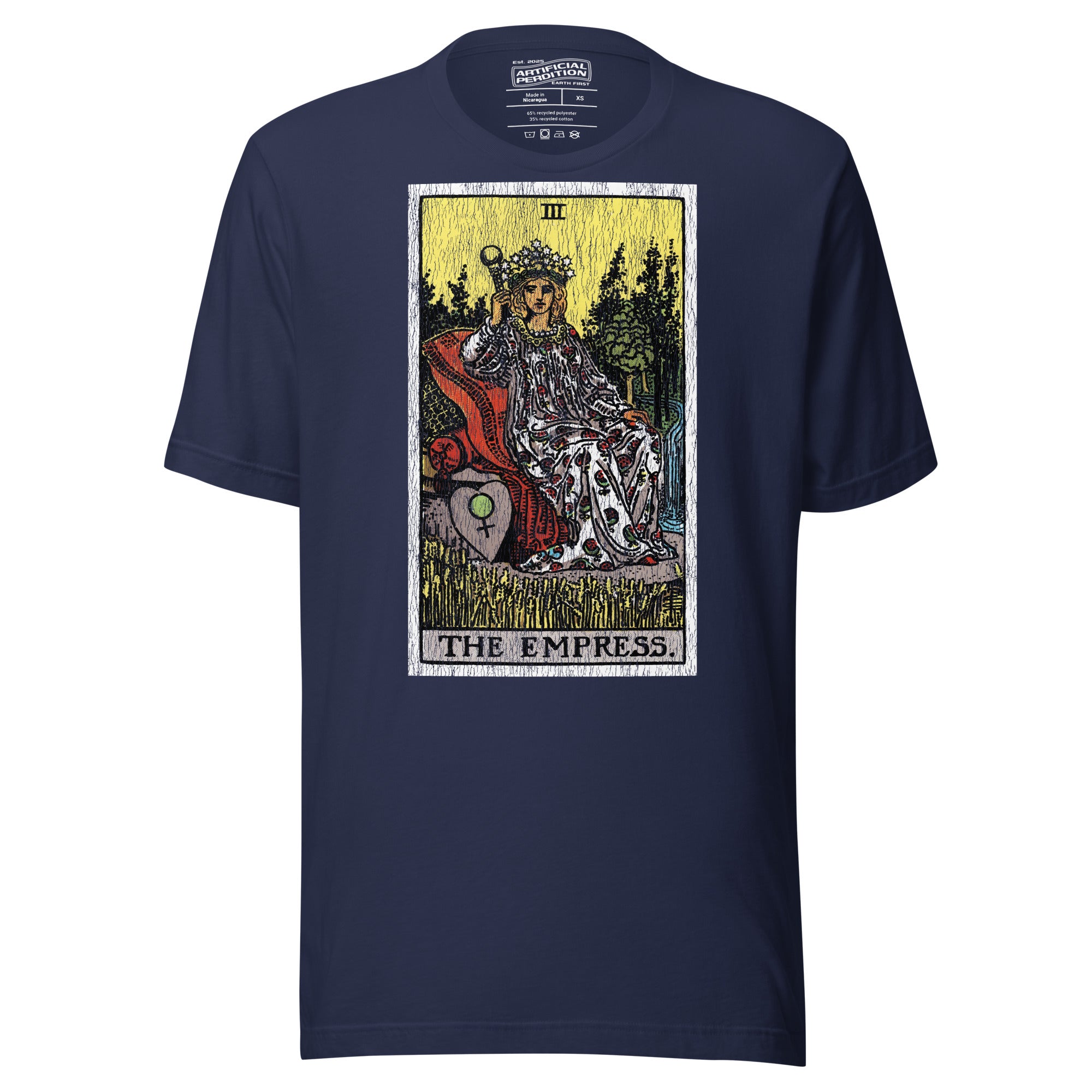 The Empress tarot card, crowned figure enthroned with Venus shield and scepter, wheat field and forest behind her, Rider-Waite style, Artificial Perdition