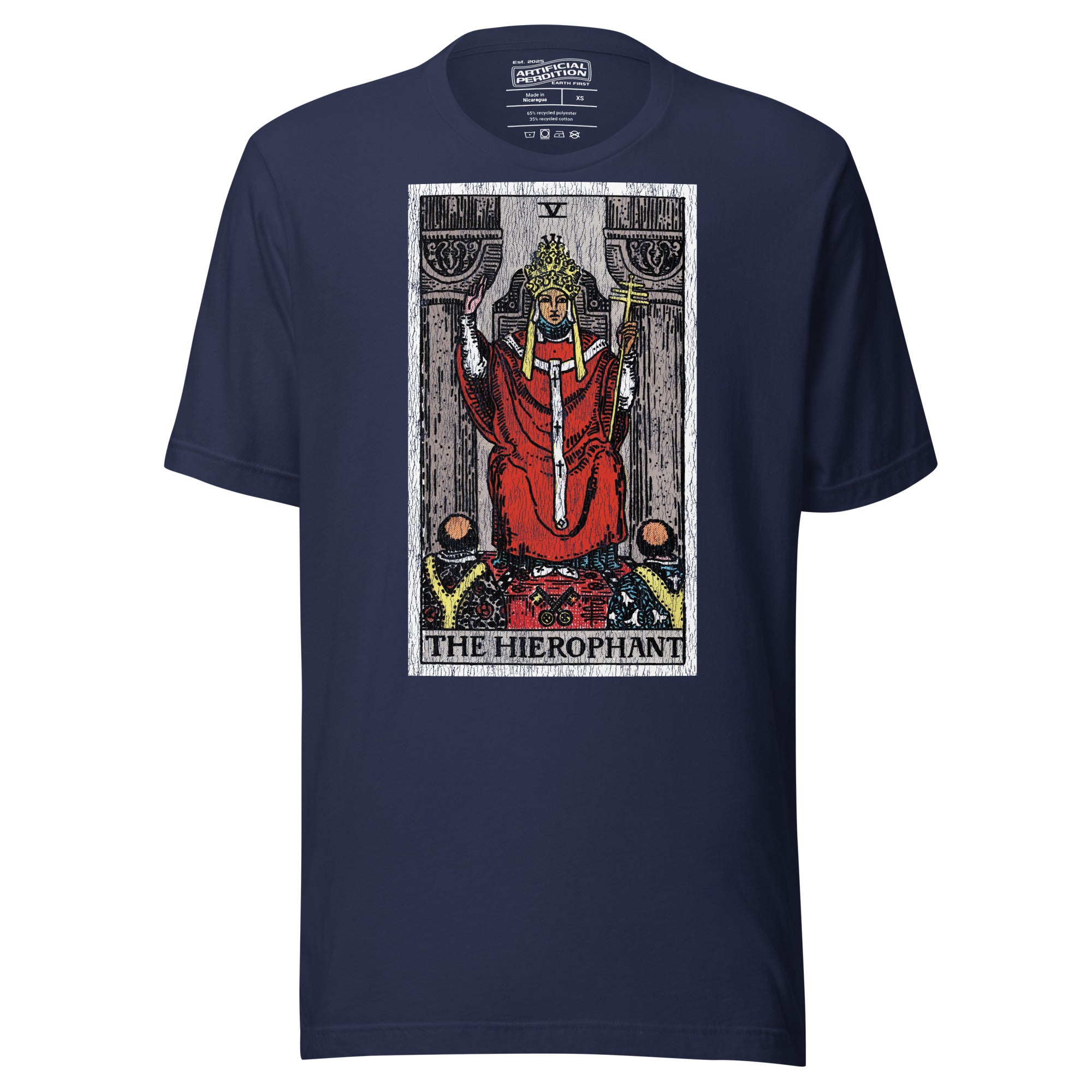 The Hierophant tarot card, triple-crowned figure seated between pillars with crossed keys and kneeling acolytes, Rider-Waite style, Artificial Perdition