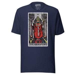 The Hierophant tarot card, triple-crowned figure seated between pillars with crossed keys and kneeling acolytes, Rider-Waite style, Artificial Perdition