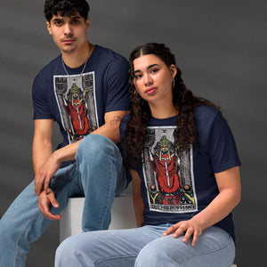 The Hierophant tarot card, triple-crowned figure seated between pillars with crossed keys and kneeling acolytes, Rider-Waite style, Artificial Perdition