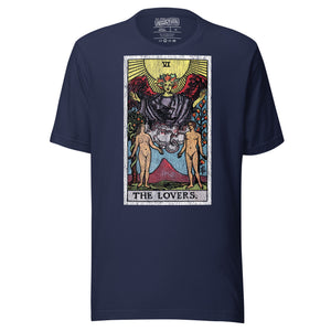 The Lovers tarot card, unveiled man and woman beneath winged figure with Tree of Life and serpent-wrapped Tree of Knowledge, Rider-Waite style, Artificial Perdition