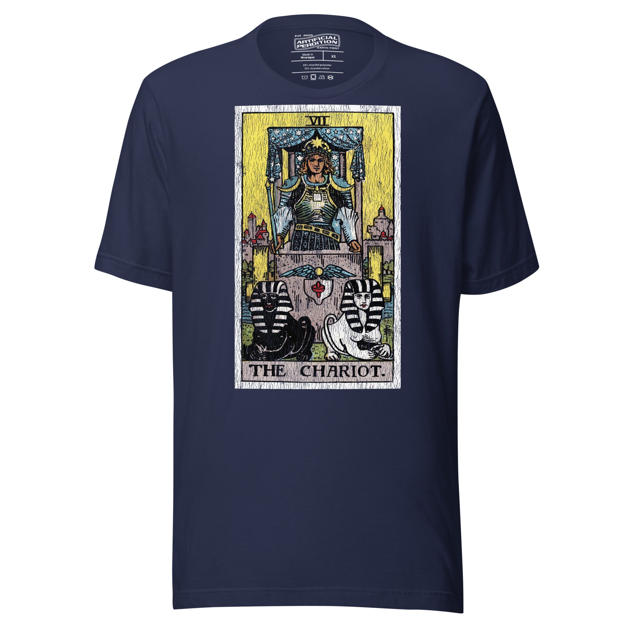 The Chariot tarot card, armored figure with starred crown riding chariot drawn by black and white sphinxes, city walls behind, Rider-Waite style, Artificial Perdition