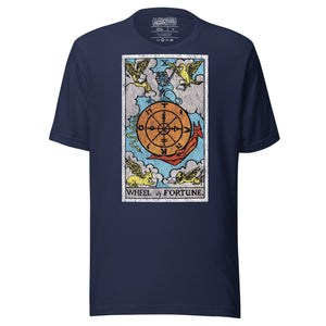 Wheel of Fortune tarot card, sphinx atop a turning wheel flanked by four creatures, Rider-Waite style, Artificial Perdition