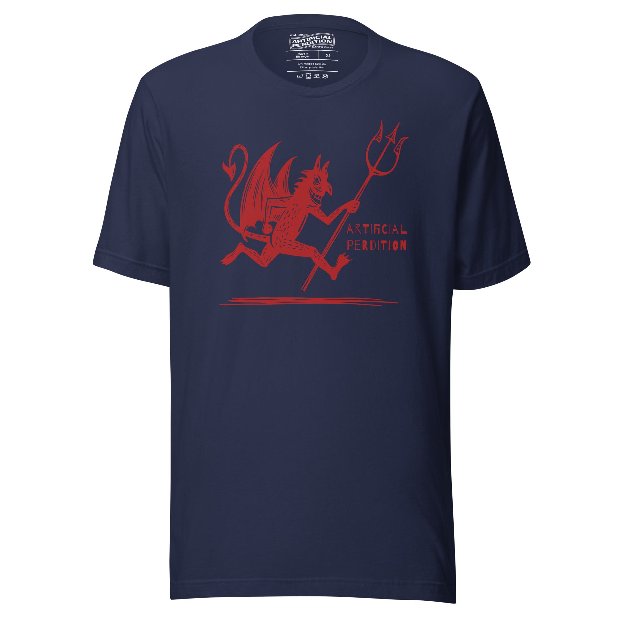Artificial Perdition devil mascot, red illustrated devil mid-stride with trident and brand name, hand-drawn style on black, official logo tee