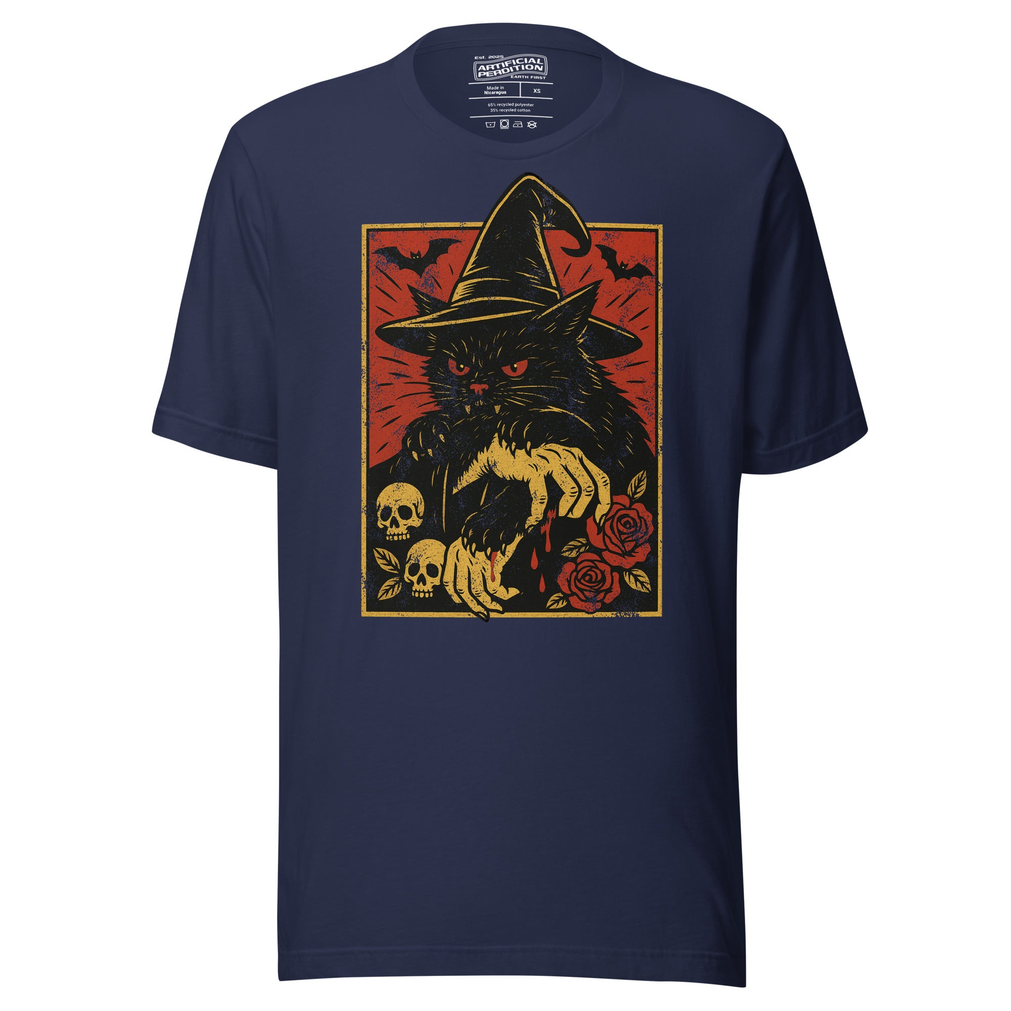 Black cat in witch hat with vampire fangs and skeletal dripping claws, skulls and roses flanking, bats in red sky, horror tattoo flash style, Artificial Perdition
