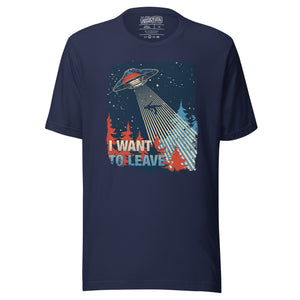 Retro poster style UFO beaming down into a midnight forest with I WANT TO LEAVE text, red and blue palette, Artificial Perdition apparel