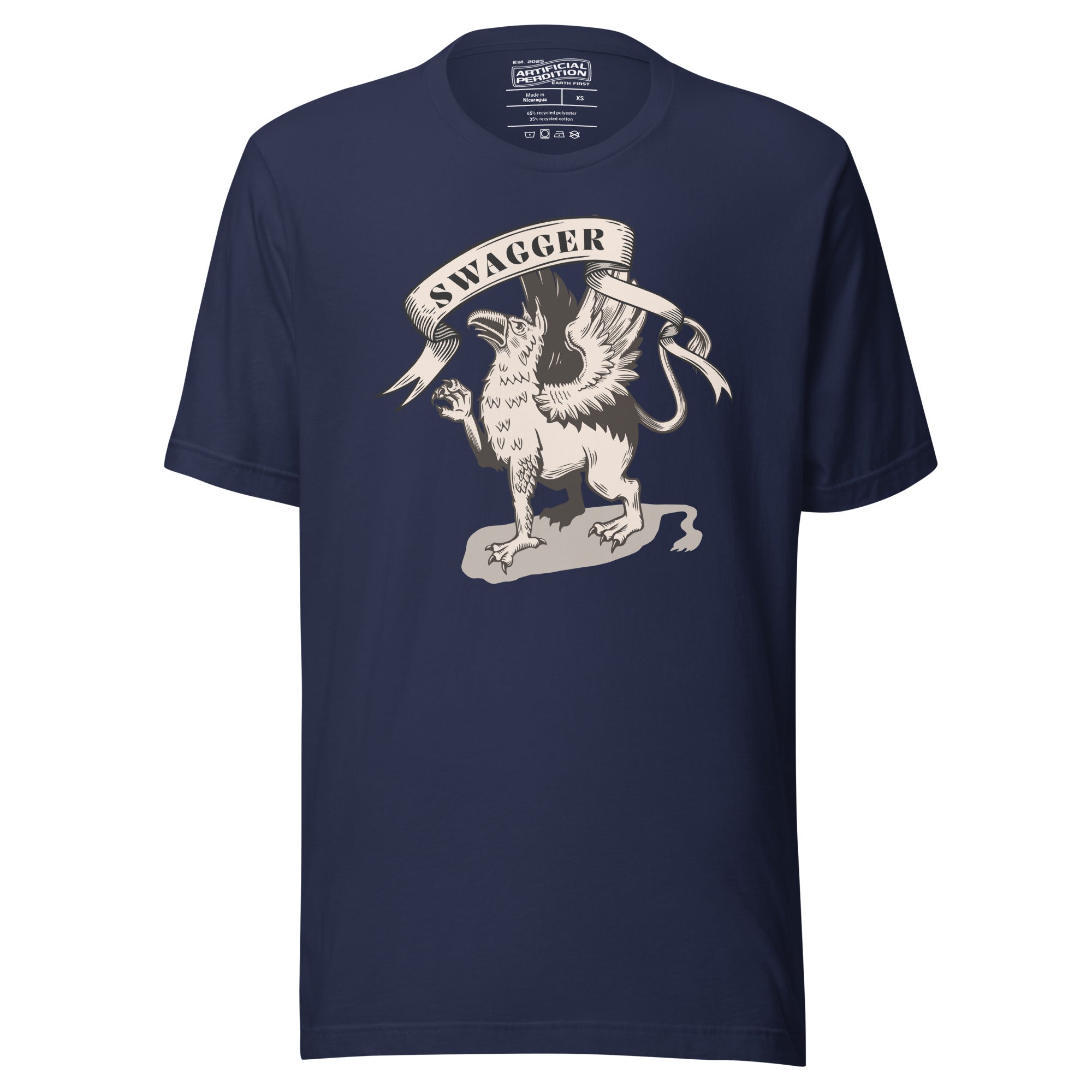 Rampant griffin in heraldic engraving style with Swagger banner ribbon, cream and black illustration, Artificial Perdition apparel