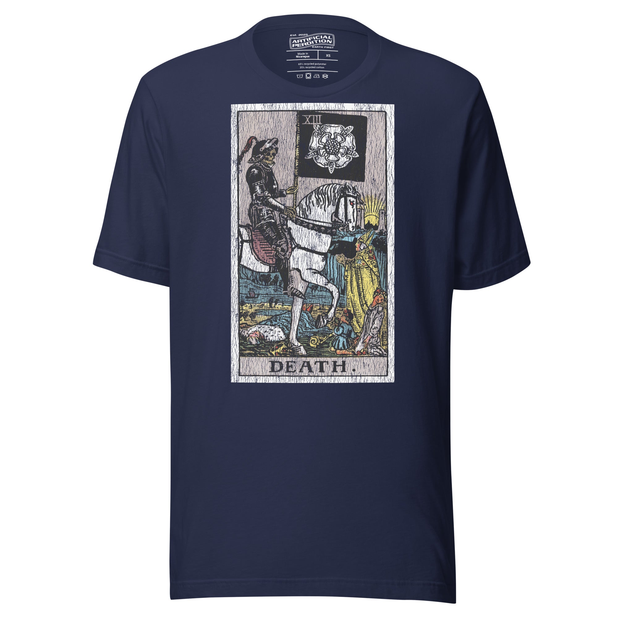 Death tarot card, skeletal horseman with black banner and white rose, figures fallen before him and sun rising on horizon, Rider-Waite style, Artificial Perdition
