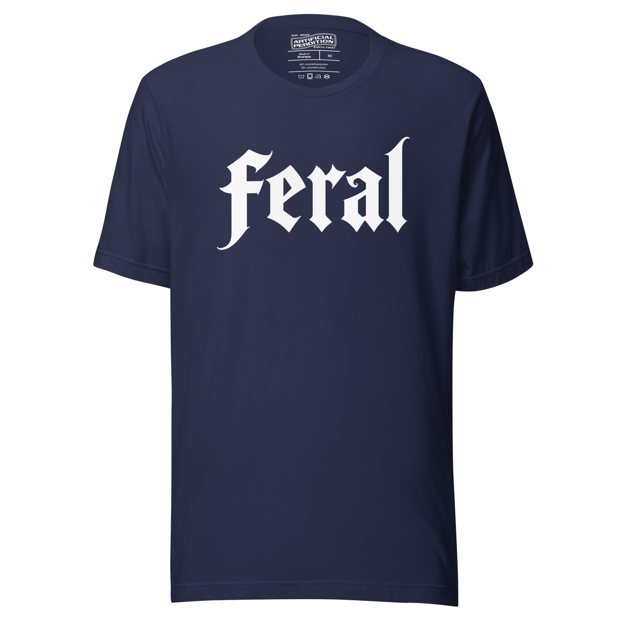 Feral in white blackletter font on dark heather grey t-shirt, bold single word graphic design, Artificial Perdition apparel
