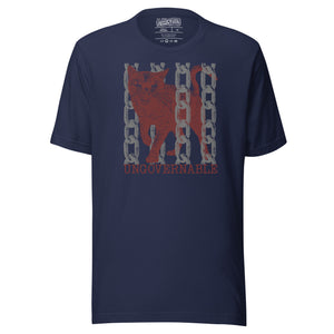 Snarling cat breaking through chains with UNGOVERNABLE text, dithered halftone red on cream, Artificial Perdition apparel