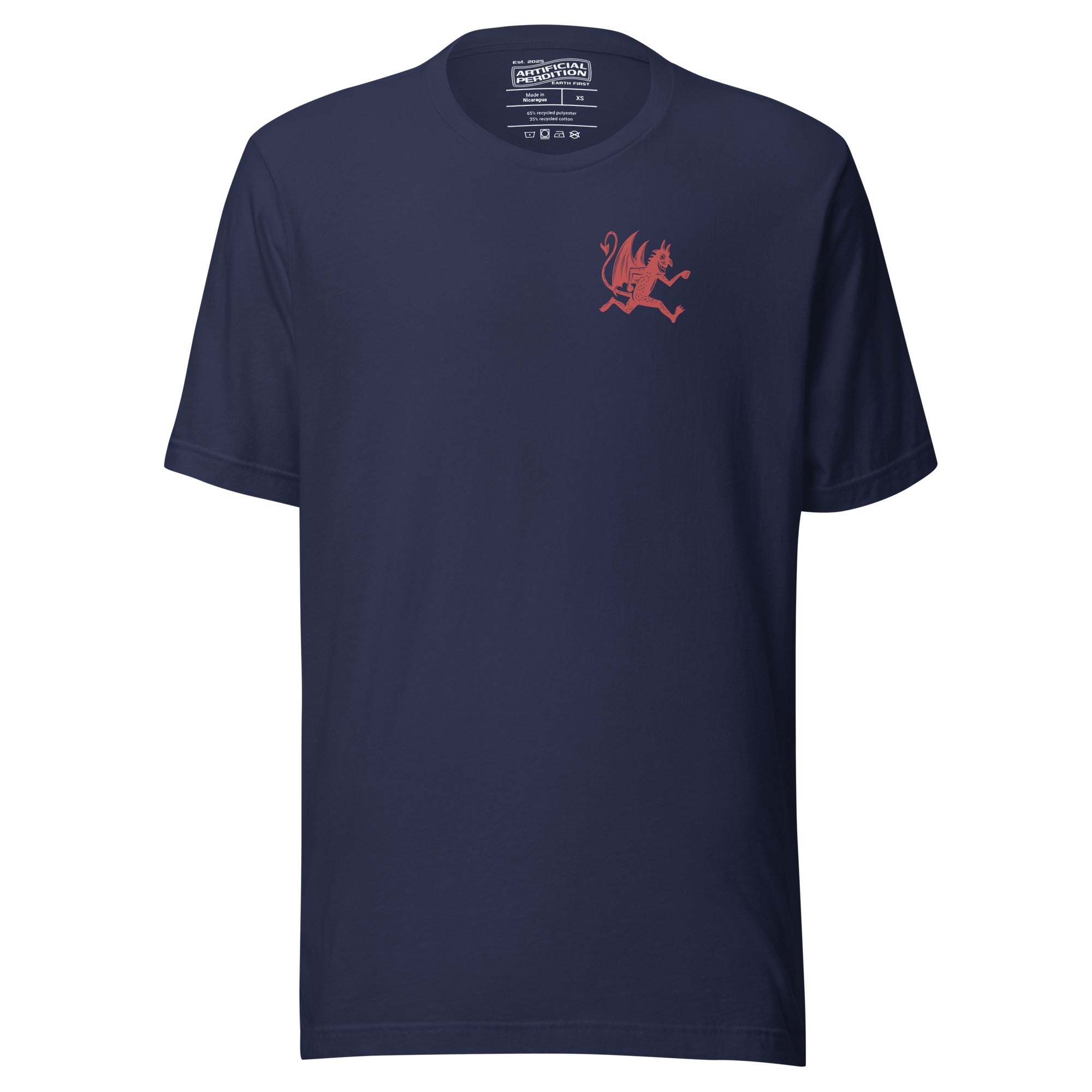 Artificial Perdition devil mascot, red illustrated devil mid-stride with trident and brand name, hand-drawn style on black, official logo tee