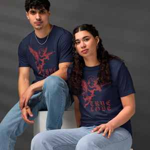 The cherub traded the bow for something heavier. True Love was never gentle. Dark irony apparel from Artificial Perdition.